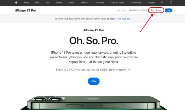 ఐఫోన్ ఉత్పత్తి పేజీలో టెక్ స్పెక్స్పై క్లిక్ చేయండి